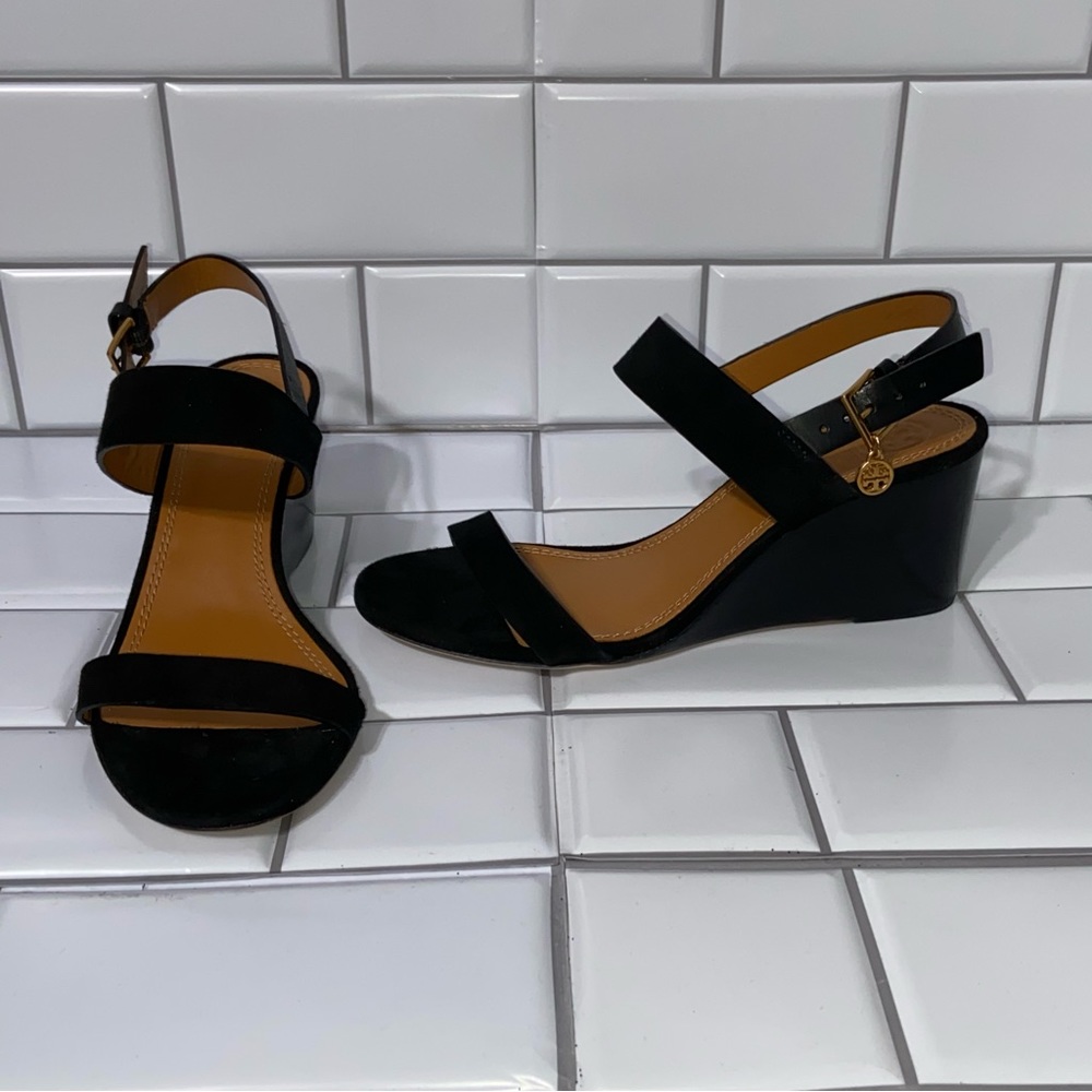 NWOT Tory Burch Black Suede Wedge Sandals